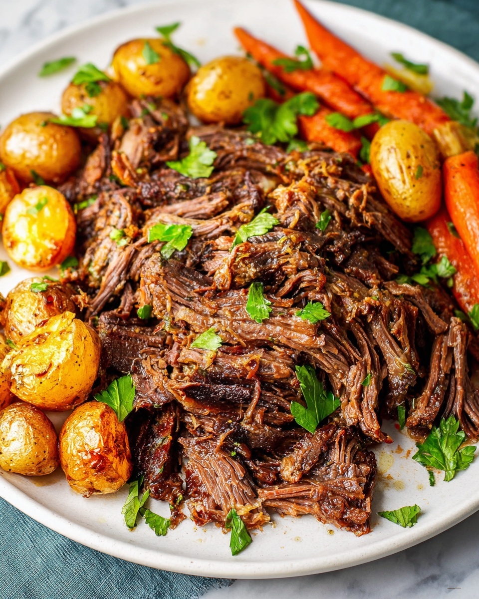 Single white plate showcasing a generous plated serving of shredded beef brisket with tender, juicy strands revealing the rich, succulent texture and browned caramelized edges, accompanied by a portion of golden roasted baby potatoes and vibrant roasted carrots, all garnished with fresh parsley leaves, close-up angled shot emphasizing the depth and fibrous details of the meat, placed on a white marble surface under natural lighting, styled like a food blog individual portion photo taken with an iphone --ar 4:5 --v 7