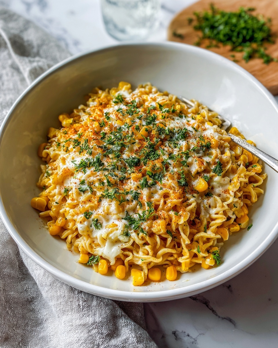 Single white shallow bowl plated with a close-up, intimate serving of cooked curly ramen noodles drenched in a rich red sauce, topped generously with creamy melted cheese and a vibrant layer of yellow corn kernels, sprinkled with finely chopped green herbs, angled shot capturing the texture and glossy sheen of the cheese and noodles, set on a white marble surface under natural lighting, styled like a food blog individual portion, photo taken with an iphone --ar 4:5 --v 7
