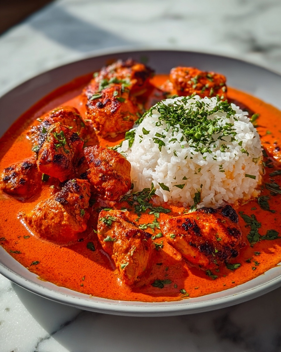 Single white plate with a plated portion of tender chicken pieces simmered in a rich, vibrant orange-red creamy sauce, arranged alongside a neat mound of fluffy white rice with fresh chopped herbs sprinkled on top and around, close-up view capturing the texture of the grilled chicken skin and the smooth sauce pooling gently on the plate, natural lighting highlighting the vivid colors, placed on a white marble surface, intimate plated serving photo taken with an iphone --ar 4:5 --v 7