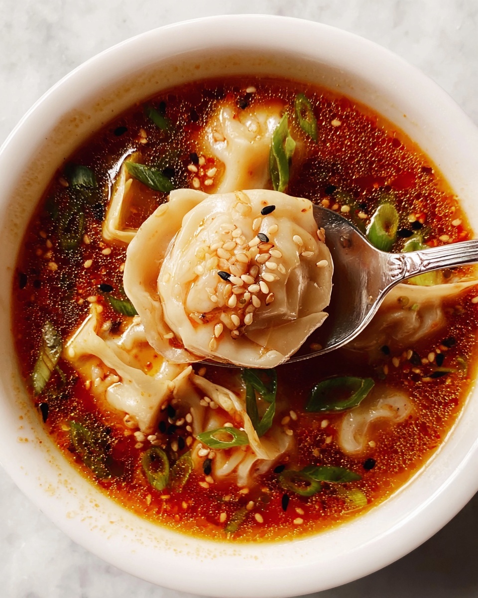 Chicken Soup Dumpling Soup Hack Recipe 6 Large white bowl filled with a whole serving of spicy dumpling soup, featuring multiple plump, intricately pleated dumplings floating in a rich, reddish-brown broth sprinkled generously with toasted sesame seeds and chili flakes, garnished with vibrant chopped green onions, captured in a professional 3/4 angle food magazine style photo on a white marble surface with natural lighting, photo taken with an iphone --ar 4:5 --v 7