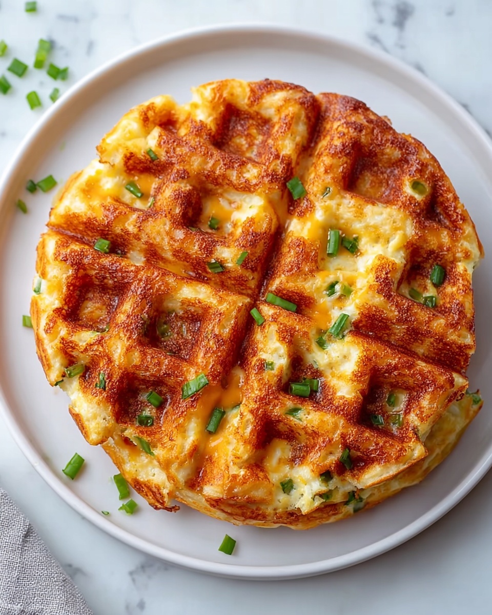 Large white serving plate stacked with multiple golden-brown savory waffles packed with melted cheese, diced ham, and finely chopped green onions, the waffles showcasing a crisp, textured surface with vibrant green garnishes scattered around, photographed in natural light from a 3/4 angle on a white marble countertop, professional food magazine hero shot photo taken with an iphone --ar 4:5 --v 7