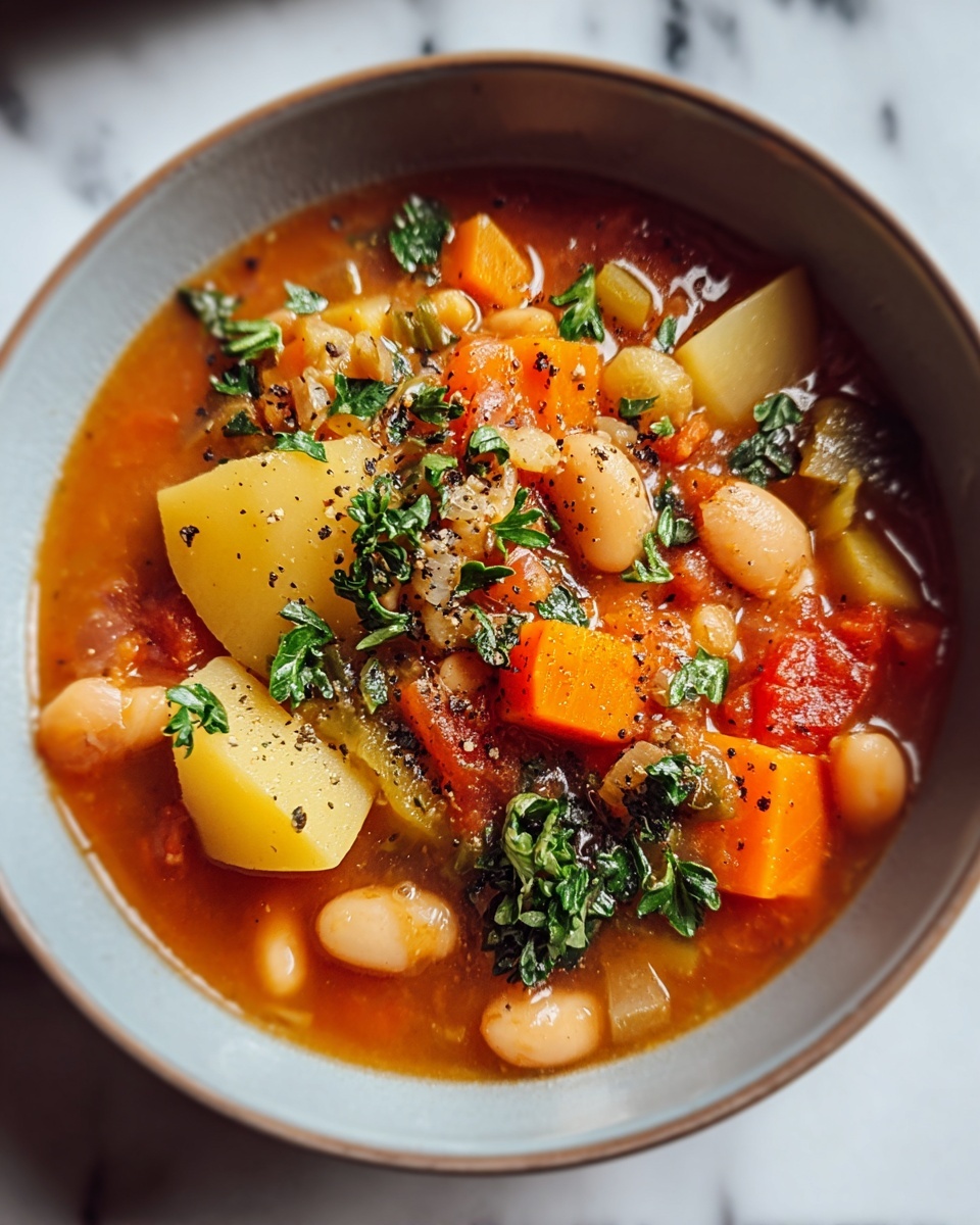 Large white ceramic bowl filled with a hearty vegetable and white bean soup, brimming with whole carrots, diced tomatoes, celery, onions, tender white beans, and fresh thyme sprigs, glistening broth seasoned with cracked black pepper and herbs visible on the surface, multiple bowls arranged together on a white marble countertop, natural sunlight highlighting the vibrant colors, professional food magazine style photo taken with an iphone --ar 4:5 --v 7