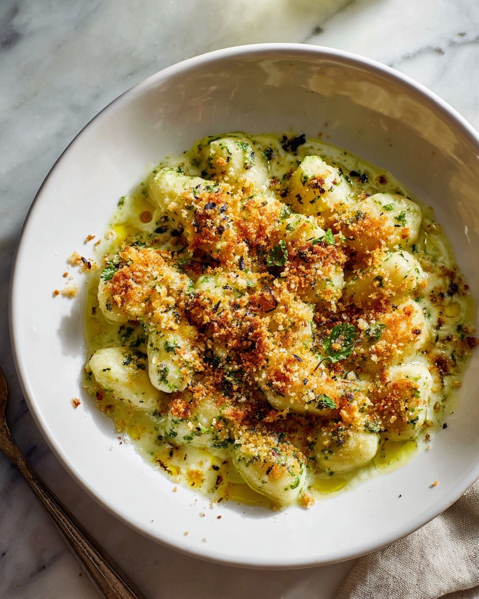 Large white shallow serving bowl filled with a generous portion of creamy gnocchi smothered in a rich, velvety green herb sauce, topped with a generous mound of golden toasted breadcrumbs and freshly cracked black pepper, garnished lightly with drizzle of olive oil, displayed on a white marble surface with a folded blue and cream checkered kitchen towel beside it, natural light highlights the textures and colors, professional food styling, hero shot from a 3/4 angle showing the whole dish, photo taken with an iphone --ar 4:5 --v 7