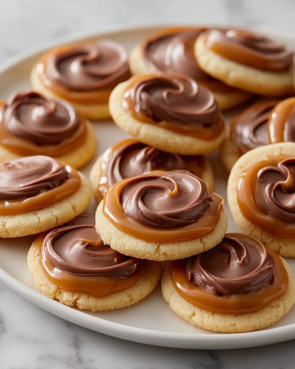 Twix Cookie Cups Recipe 6 White serving platter filled with a complete batch of round sugar cookies topped with rich swirls of milk chocolate and glossy caramel rings, each cookie pristine and untouched, arranged neatly to showcase their smooth texture and inviting, creamy toppings, photographed from a 3/4 angle on a white marble countertop with natural lighting, styled as a hero shot from a food magazine, photo taken with an iphone --ar 4:5 --v 7