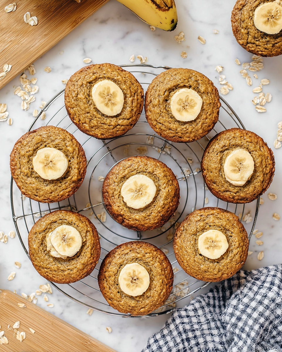 White round cooling rack filled with a full batch of golden brown banana muffins, each topped with a perfectly baked banana slice, arranged neatly and evenly spaced, surrounded by additional muffins and scattered oats on a white marble countertop, accompanied by a blue checked kitchen towel and a wooden cutting board, natural light highlighting the warm texture of the muffins, professional food styling photo taken with an iphone --ar 4:5 --v 7
