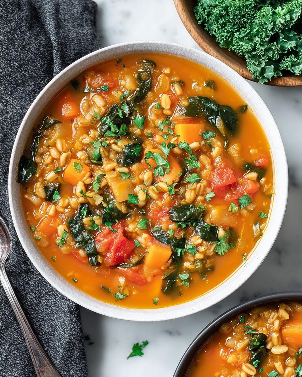 Large white ceramic bowl filled with hearty vegetable and barley soup showcasing a vibrant orange broth, tender chunks of carrots, tomatoes, green leafy spinach, and plump barley grains, garnished with fresh chopped parsley, presented as a full serving with an additional white bowl of fresh kale on a white marble countertop, natural lighting highlighting the texture and colors, professional food magazine hero shot, photo taken with an iphone --ar 4:5 --v 7
