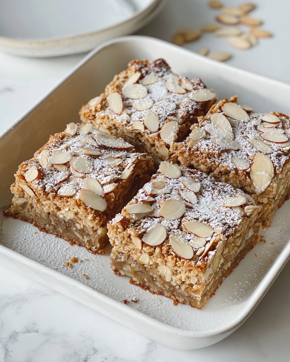 Almond Croissant Baked Oats (Gluten-Free) Recipe 6 Large white rectangular baking dish filled with a golden-brown oatmeal almond square bake, topped generously with sliced almonds and a light dusting of powdered sugar, showcasing the textured oat and nut layers throughout, presented on a white marble countertop under natural lighting, professional 3/4 angle food magazine style photo taken with an iphone --ar 4:5 --v 7