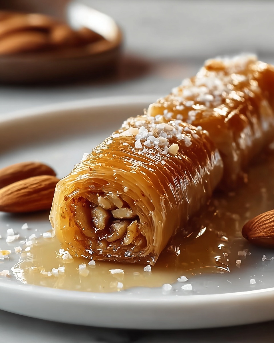Moroccan Honey Almond Cigars Recipe 6 White serving plate arranged with multiple whole traditional baklava rolls, layered with glossy golden phyllo dough and generously filled with chopped nuts and drizzled with syrup, sprinkled with sesame seeds and with whole almonds placed artistically around, shot from a close-up 3/4 angle on a white marble countertop, natural lighting highlighting the syrupy sheen and delicate texture, professional food magazine style photo taken with an iphone --ar 4:5 --v 7