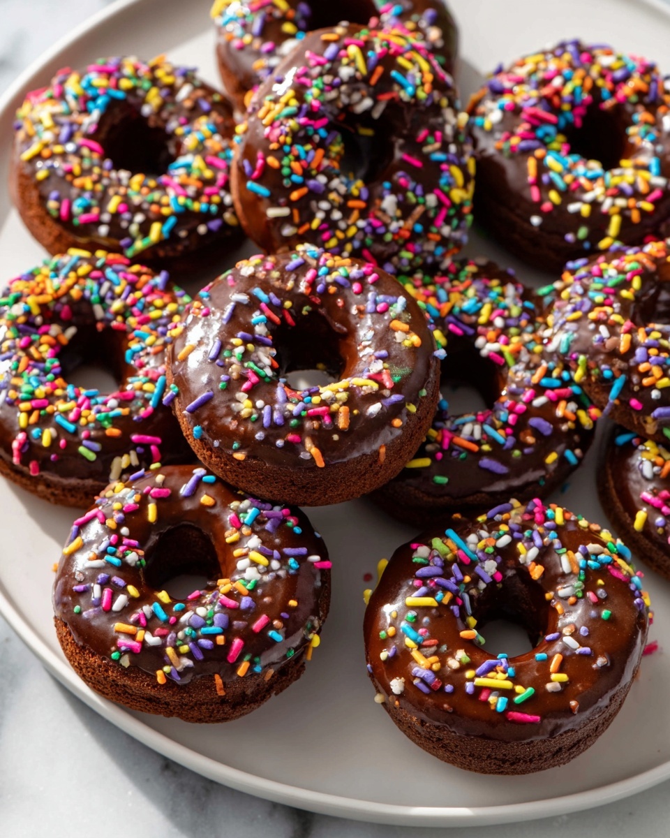 Gluten-Free Protein Donuts (Dairy-Free) Recipe 6 White bakery tray holding a full batch of freshly baked classic chocolate-glazed donuts topped with vibrant multi-colored sprinkles, each donut perfectly round with shiny chocolate coating evenly spread across the surface, arranged neatly in rows with no missing pieces, photographed from a 3/4 angle on a white marble countertop under natural lighting, styled as a professional food magazine hero shot, photo taken with an iphone --ar 4:5 --v 7