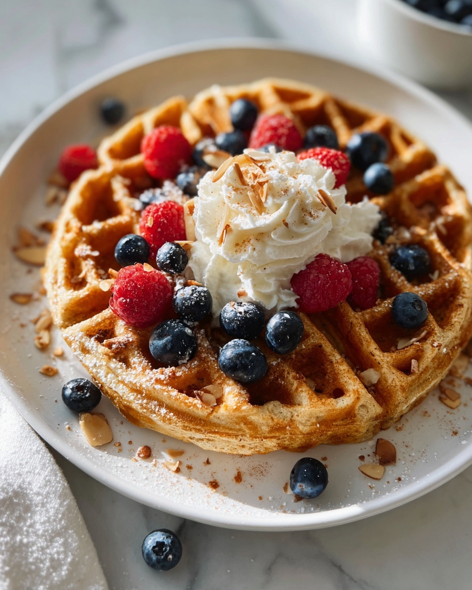 A pristine white round plate featuring a whole golden waffle, perfectly round and intact, with deep grid patterns capturing soft natural light. The waffle is beautifully garnished with a generous dollop of whipped cream topped with fresh, plump raspberries and blueberries, lightly dusted with cinnamon and scattered almond slivers adding texture and color accents. Surrounding the plate are scattered fresh berries and a small white bowl holding cubes of butter, all styled on a white marble countertop bathed in warm natural sunlight, captured from an elegant 3/4 angle, professional food magazine hero shot, photo taken with an iphone --ar 4:5 --v 7