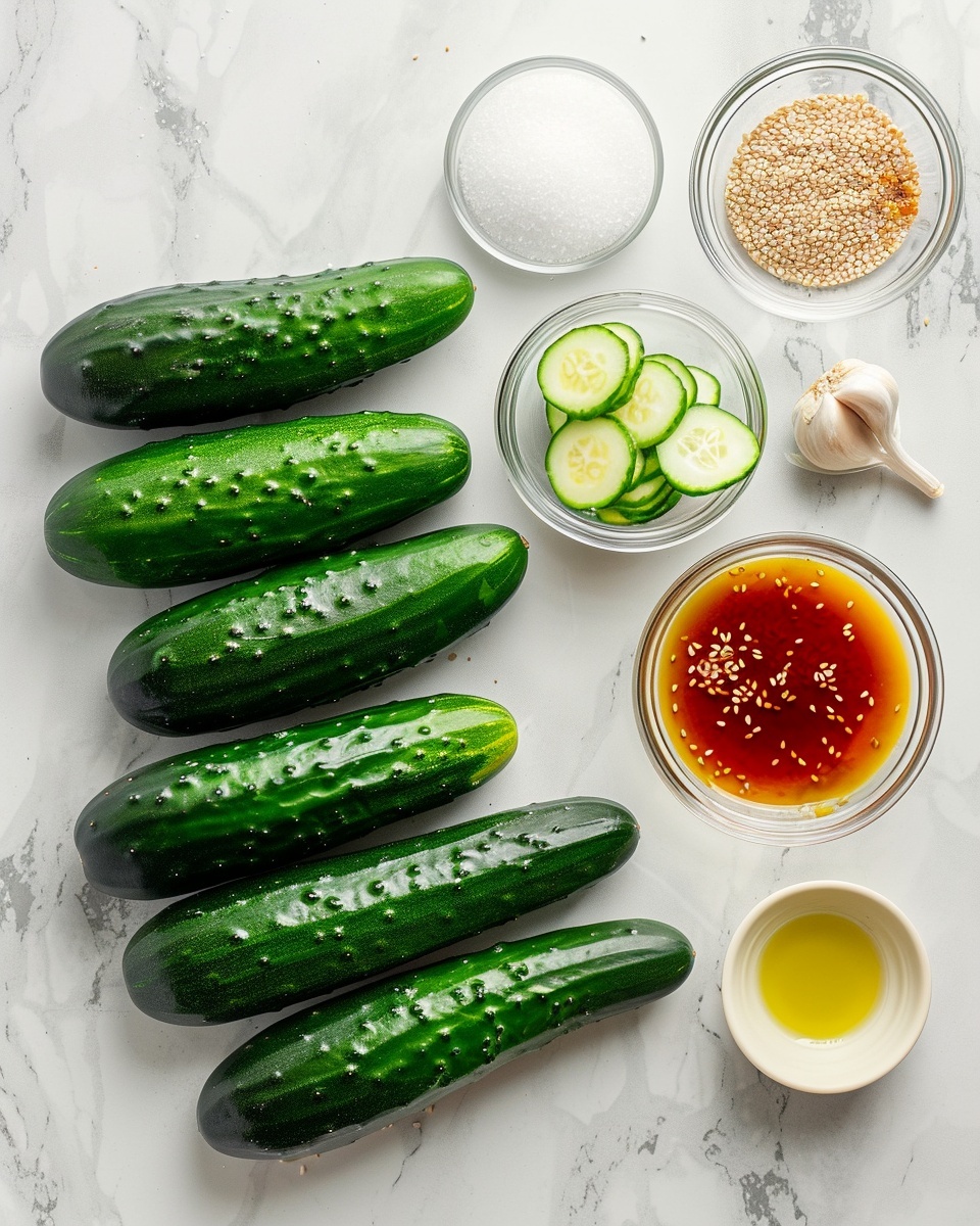 Easy Asian Cucumber Salad Recipe 5 Single white bowl showcasing a fresh serving of spicy cucumber salad with thinly sliced cucumbers drenched in a vibrant chili-soy dressing, sprinkled generously with toasted sesame seeds and red chili flakes, close-up angle emphasizing the glossy, textured cucumber layers and the rich dressing pooling at the bottom, natural steam and moisture glistening on the vegetables, photographed on a white marble surface, intimate plated serving photo taken with an iphone --ar 4:5 --v 7