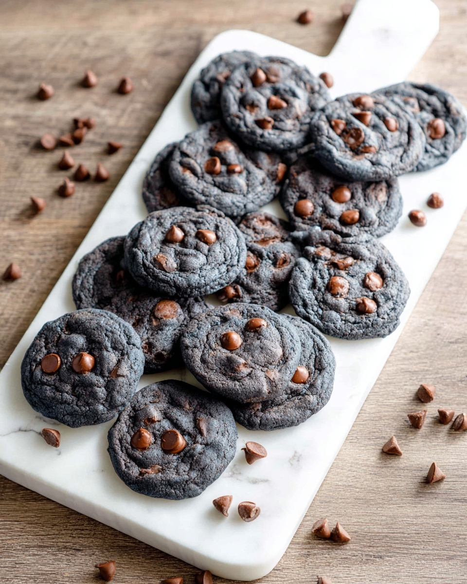 Large white rectangular serving platter filled with a full batch of freshly baked charcoal black chocolate chip cookies, each cookie generously studded with milk chocolate chips, arranged closely together to showcase the entire batch, some chocolate chips scattered around for added texture, photographed from a 3/4 angle on a pristine white marble countertop with natural lighting highlighting the rich texture and color contrast, professional food magazine hero shot photo taken with an iphone --ar 4:5 --v 7