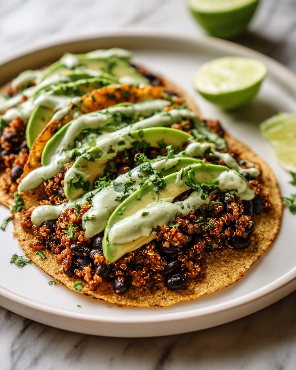 Black Bean Quinoa Tacos Recipe 6 Three whole soft corn tortillas filled generously with seasoned black beans and quinoa mixture, topped with sliced ripe avocado and drizzled with creamy cilantro-lime sauce, arranged neatly on a large white plate with fresh lime wedges on the side, shot from a 3/4 angle on a white marble background under natural lighting, styled as a professional food magazine hero shot, photo taken with an iphone --ar 4:5 --v 7