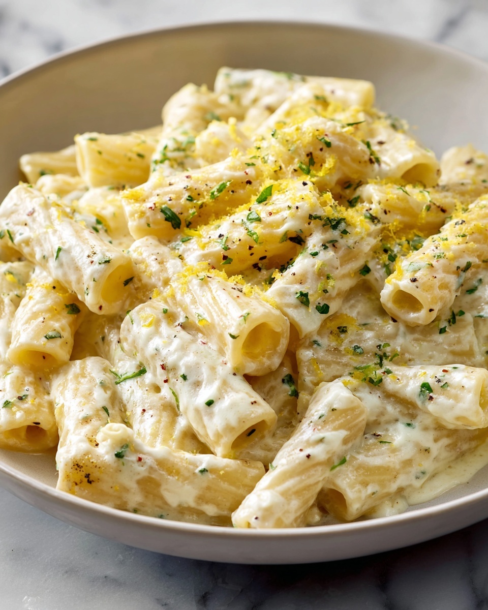 Large white pan filled with creamy rigatoni pasta in a rich, cheesy white sauce, garnished with finely chopped herbs and a sprinkle of lemon zest, whole dish presented in a professional 3/4 angle shot on a white marble countertop with natural lighting, styled like a hero food magazine photo taken with an iphone --ar 4:5 --v 7