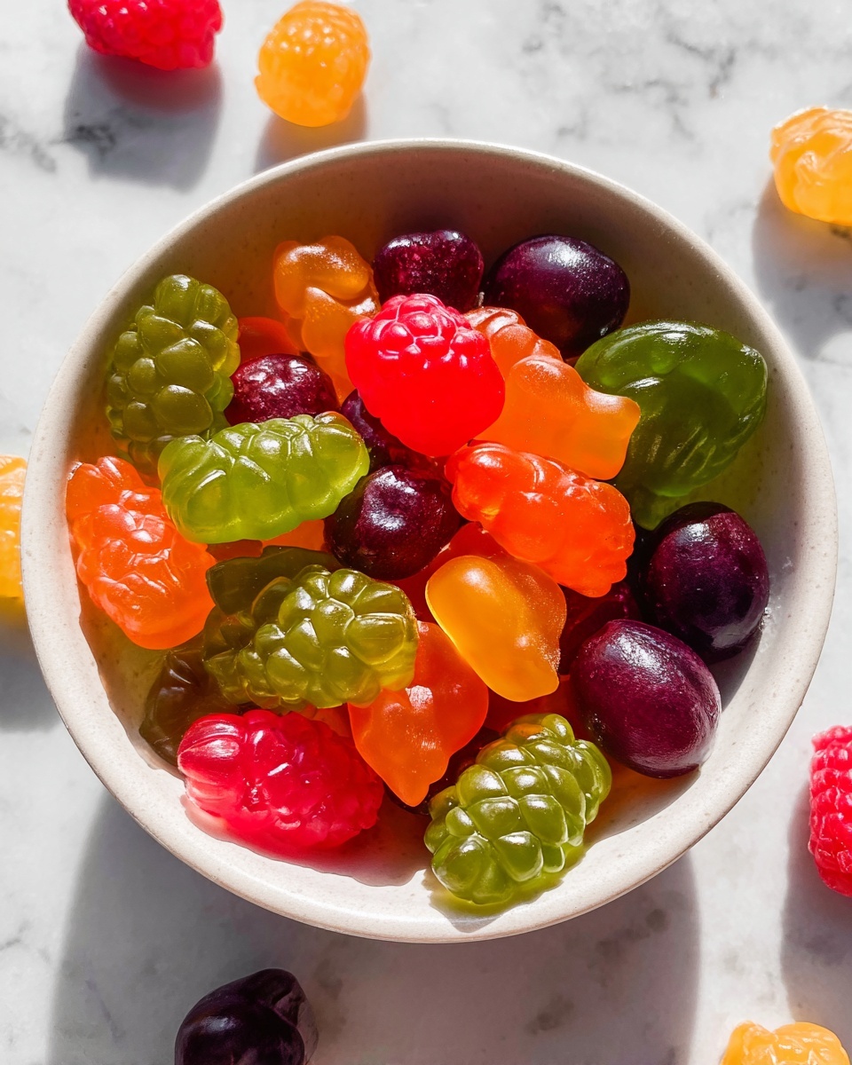 Homemade Fruit Snacks with Vegetables and Collagen Recipe 6 Close-up overhead shot of a white plate filled with an assortment of whole fruit-shaped gummy candies, including vibrant green apples, bright orange pumpkins and pineapples, deep red cherries, and dark purple blackberries, all glistening with a translucent, glossy finish, artfully arranged to fill the entire plate, set on a white marble background in natural light, professional food styling, photo taken with an iphone --ar 4:5 --v 7