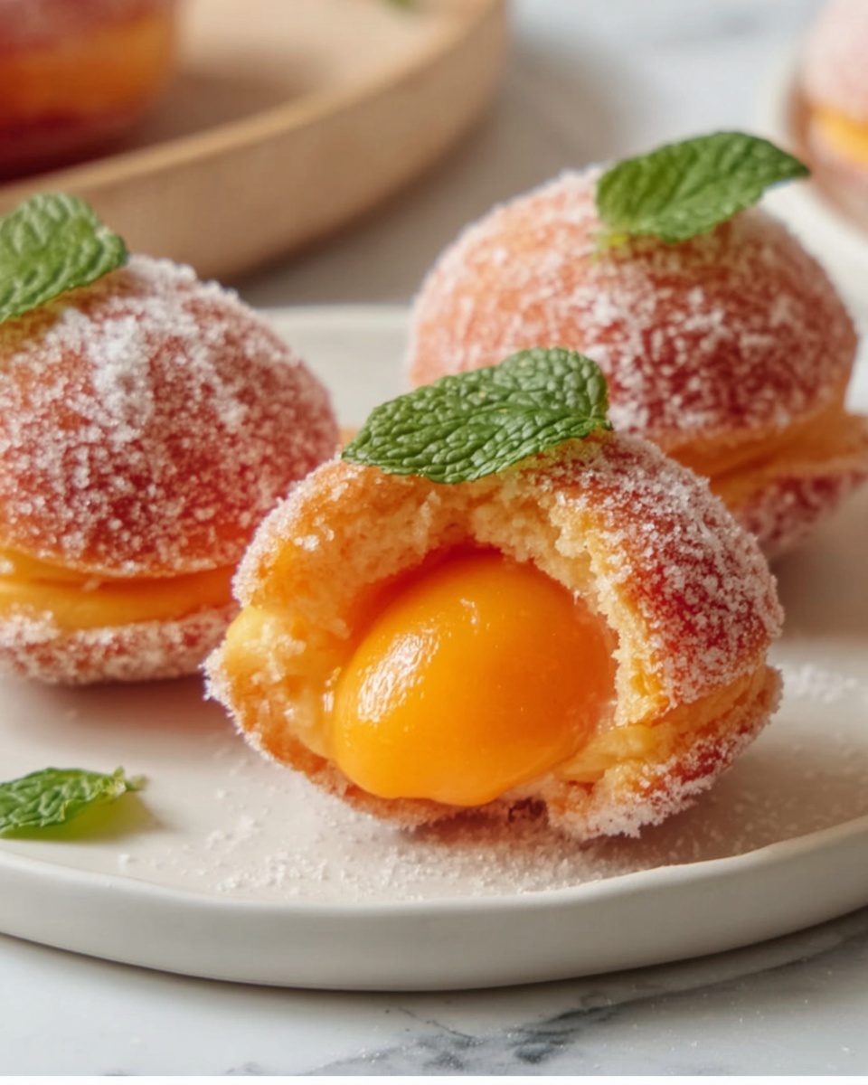 Italian Peach Cookies (Pesche Dolci) Recipe 6 A large white rectangular platter showcasing an array of whole, perfectly shaped peach-shaped pastries coated in fine granulated sugar, each adorned with a small mint leaf on top and a distinct peach blush coloring, arranged neatly covering the entire platter. The pastries display a realistic peach texture and color, with a slight dusting of powdered sugar on the surface. The photo is taken from a professional 3/4 angle on a white marble countertop with natural lighting, highlighting the soft texture and vibrant hues of the complete dish, photo taken with an iphone --ar 4:5 --v 7