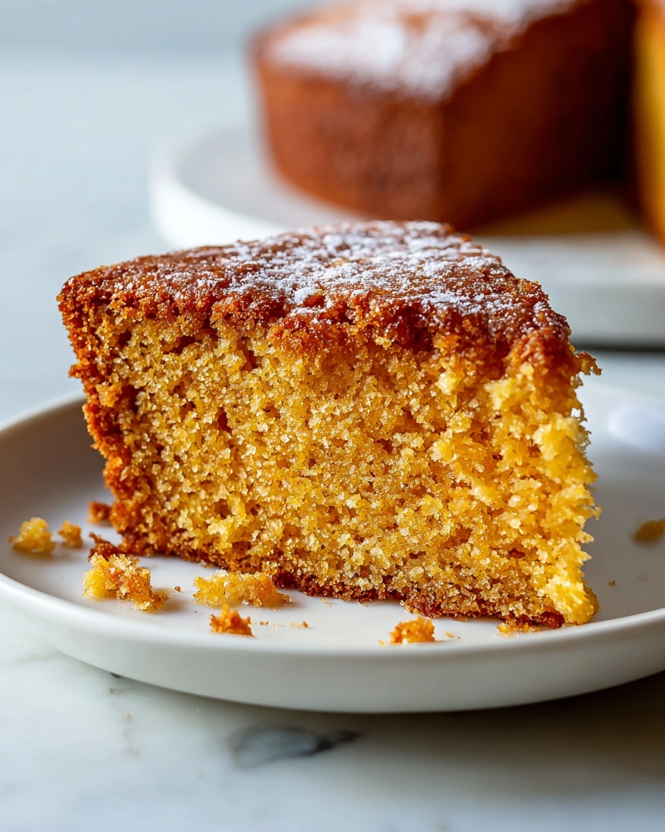 Whole round pumpkin cake on a large white plate, fully intact with a golden brown crust and a soft, moist texture visible under gentle natural lighting; the entire cake is dusted evenly with powdered sugar for a subtle decorative touch, presented at a 3/4 angle on a white marble surface, styled professionally like a hero food magazine shot, photo taken with an iphone --ar 4:5 --v 7