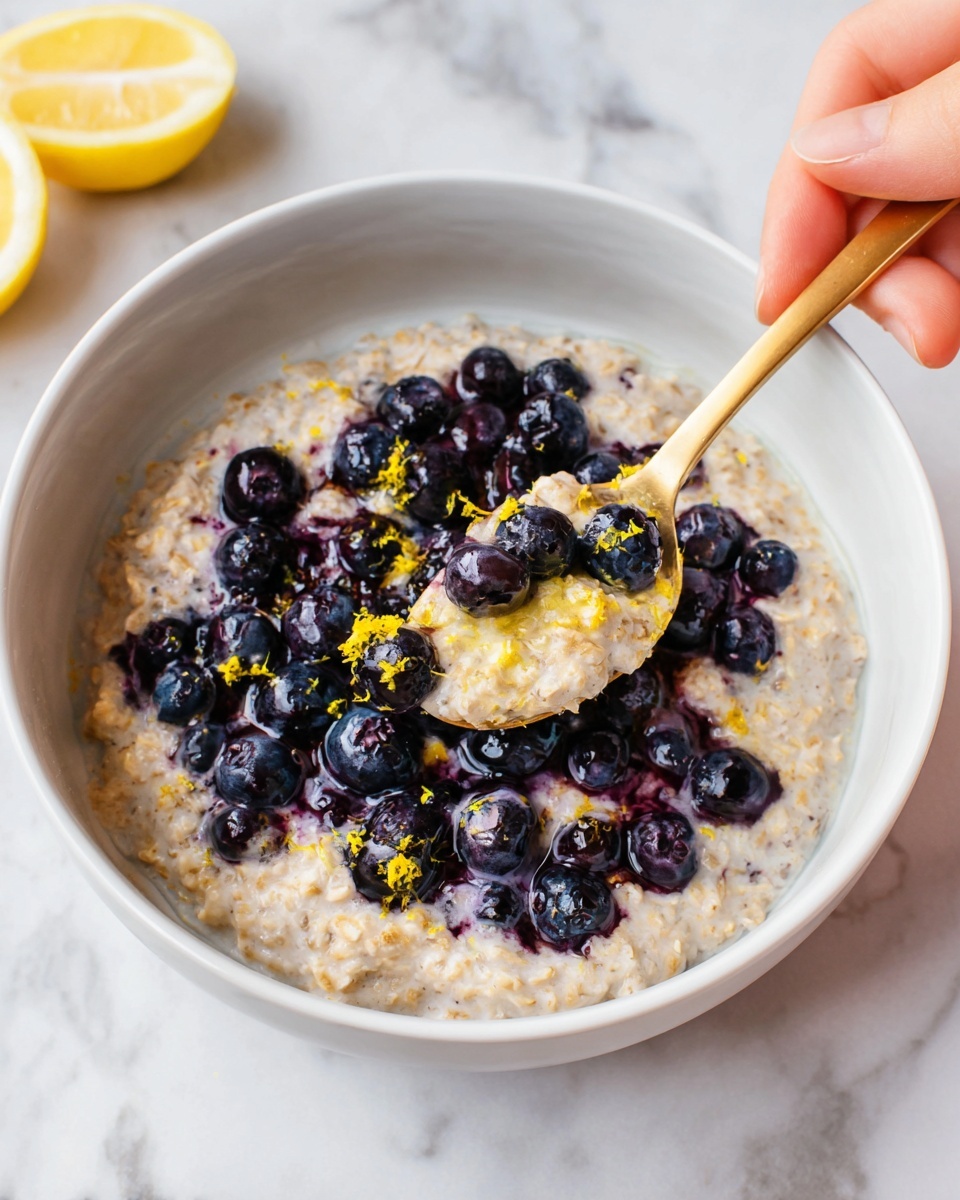 Two large white bowls filled with creamy oatmeal topped generously with a heap of juicy, plump blueberries and fresh lemon zest, accompanied by a small white bowl of extra fresh blueberries on the side, all arranged on a white marble surface with natural lighting capturing the wholesome texture and vibrant colors, professional overhead food magazine style photo taken with an iphone --ar 4:5 --v 7