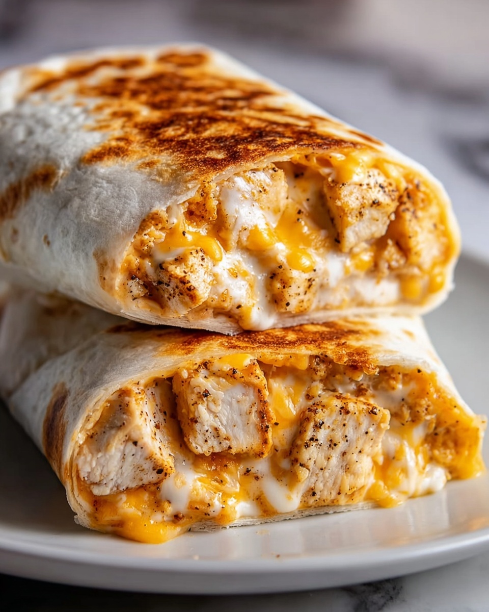 Large white plate featuring a whole grilled chicken and cheddar cheese burrito, perfectly wrapped and grilled to golden-brown with a slightly crisp exterior, stuffed generously with seasoned chunks of juicy chicken and melted cheddar cheese, no slices visible, the burrito presented intact as a complete whole, professional food magazine style overhead shot on a pristine white marble countertop with natural lighting, photo taken with an iphone --ar 4:5 --v 7