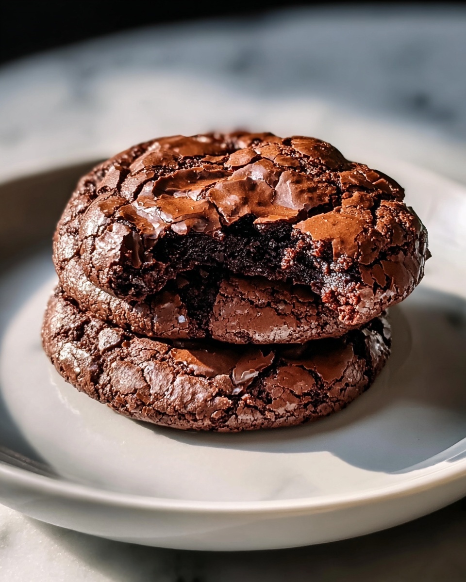 Large white ceramic plate filled with a neatly arranged stack of rich, dark chocolate cookies with a cracked, shiny surface, showcasing their chewy texture, several more cookies scattered in the background, all presented on a white marble countertop with natural lighting, professional food styling, photo taken with an iphone --ar 4:5 --v 7