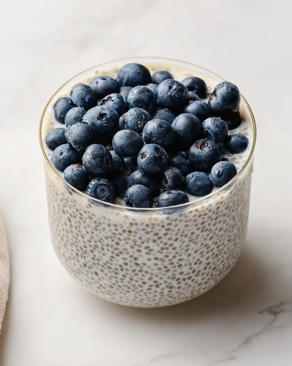 Refreshing Earl Grey Chia Seed Pudding Recipe 6 A large white ceramic bowl filled to the brim with creamy chia seed pudding, the pudding thick and speckled evenly with plump, hydrated chia seeds, topped generously with a heaping layer of fresh, ripe blueberries glistening under natural light, whole dish perfectly styled and centered on a pristine white marble countertop, professional overhead food magazine hero shot, photo taken with an iphone --ar 4:5 --v 7