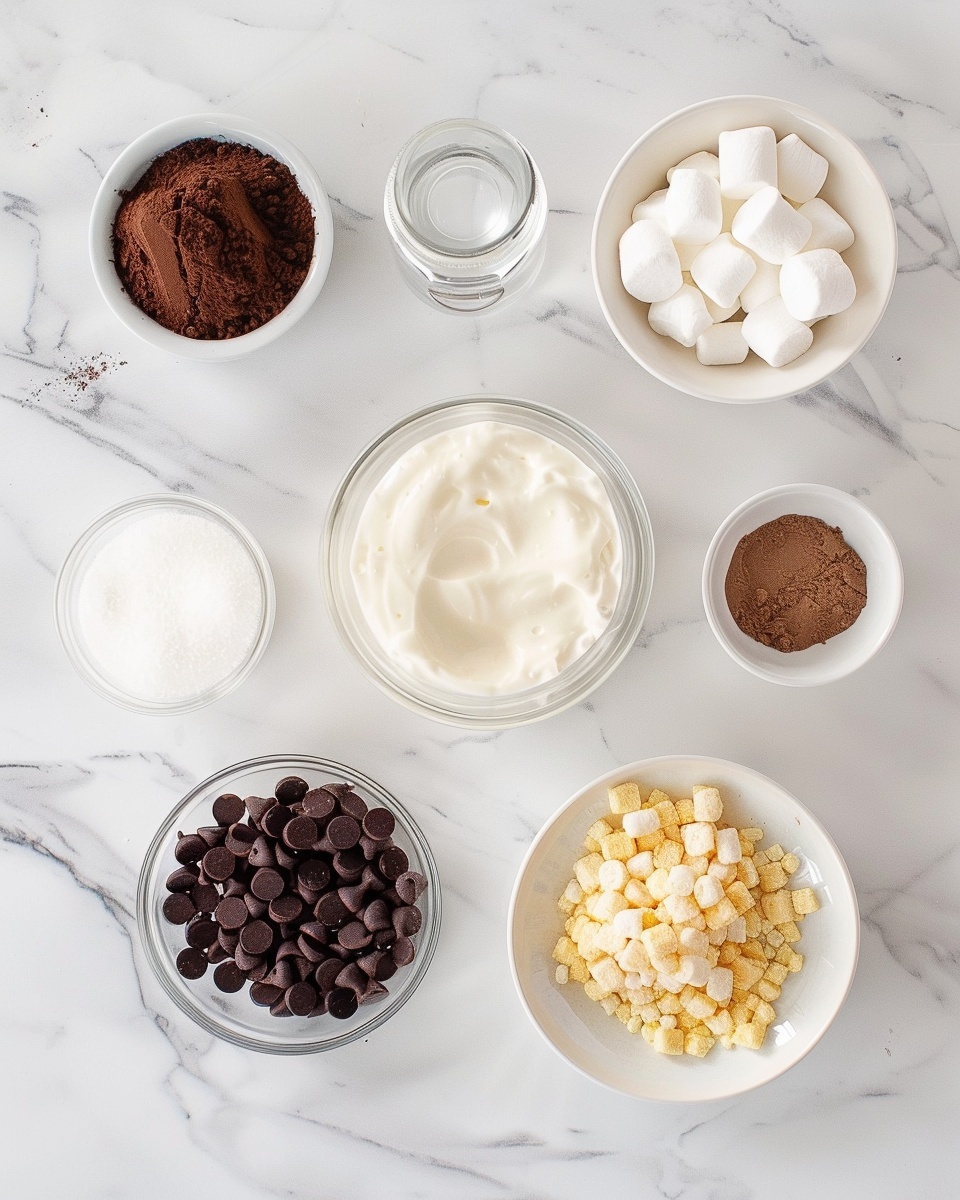 Single white square ramekin with a creamy scoop of chocolate mousse topped with mini marshmallows, chocolate chips, and broken graham cracker pieces, close-up angled view revealing the smooth, airy texture of the mousse beneath the crunchy and soft toppings, placed on a white marble surface, natural lighting emphasizing rich chocolate color and textures, styled like a food blog individual serving photo taken with an iphone --ar 4:5 --v 7