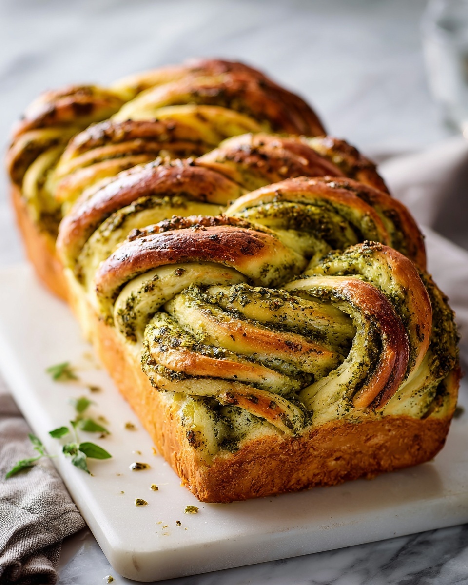 A whole freshly baked braided pesto bread loaf on a white rectangular serving platter, the golden crust with perfectly baked swirls of green pesto herbs visible throughout the soft, fluffy interior, the loaf presented intact with no slices removed, styled on a white marble surface with natural morning light enhancing the warm colors and textures, a professional 3/4 angle food magazine hero shot photo taken with an iphone --ar 4:5 --v 7