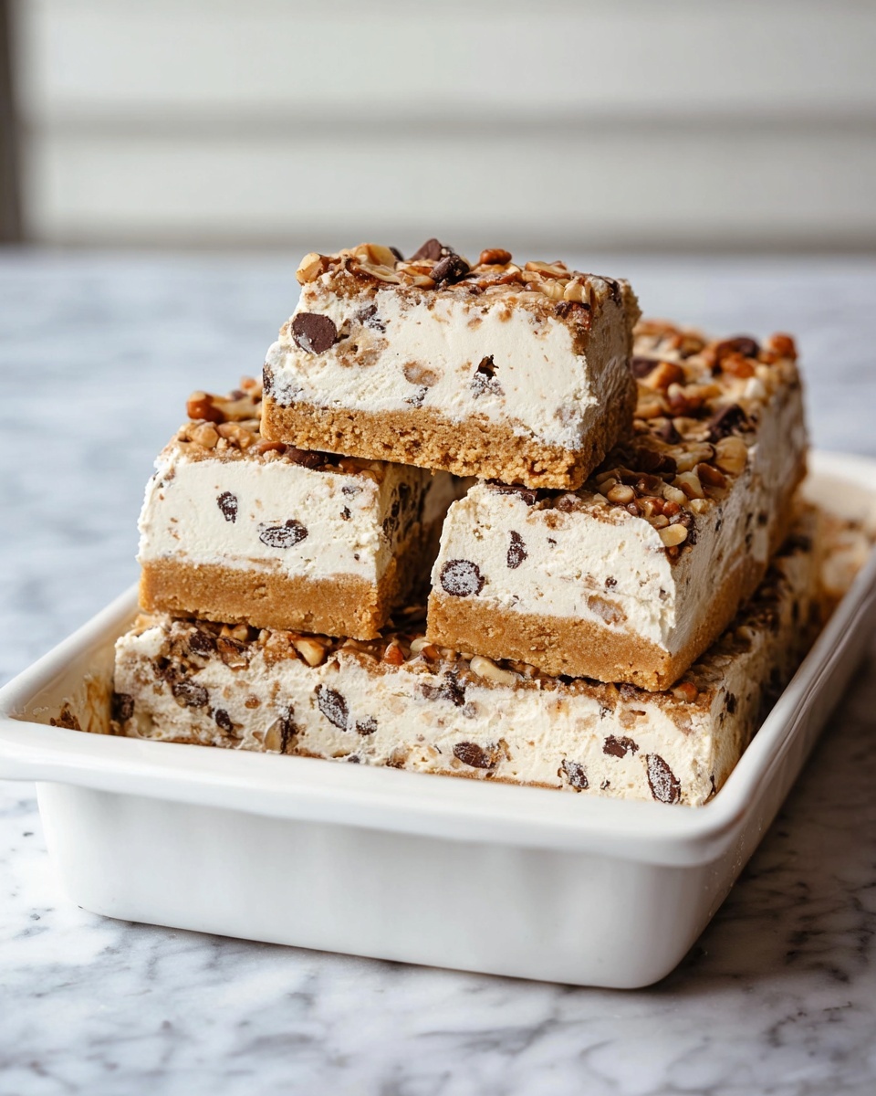Snickers Protein Frozen S’mores Recipe 6 A large white rectangular baking dish filled with layered cookie dough ice cream bars, featuring a thick bottom and top layer of golden-brown cookie dough embedded with chopped nuts, and a generous middle layer of creamy vanilla ice cream mixed with chocolate chunks, the entire uncut dish presented with a smooth, even top, photographed from a 3/4 angle on a white marble countertop under natural lighting, professional food styling photo taken with an iphone --ar 4:5 --v 7