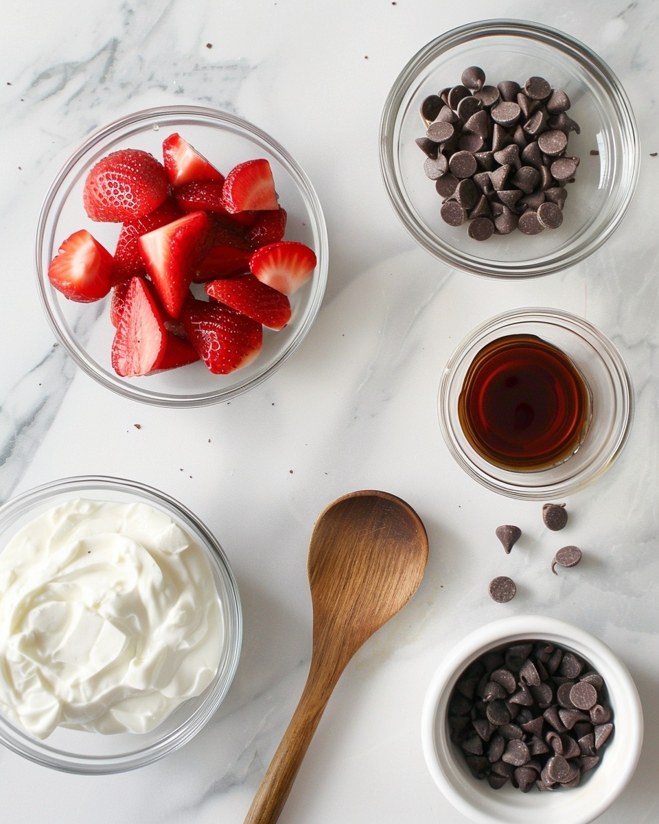 Single plated serving of a chocolate-covered strawberry cream cluster on a white plate, close-up angled view revealing the rich, smooth dark chocolate exterior partially broken to show the creamy, white filling with vibrant red strawberry pieces embedded inside, highlighting the contrasting textures and colors, placed on a white marble surface with natural lighting, styled like a food blog shot, photo taken with an iphone --ar 4:5 --v 7