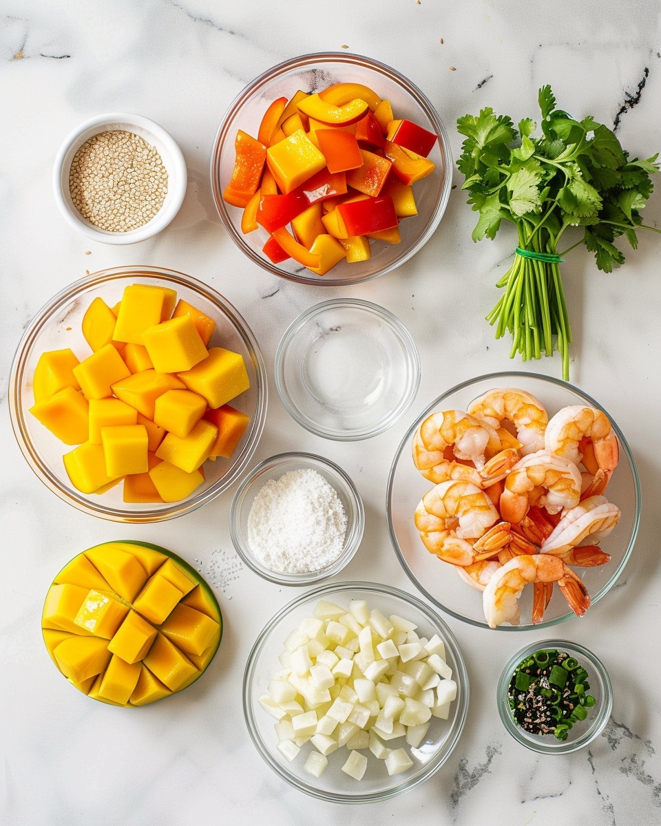Mango Habanero Shrimp Stir Fry: Spicy Sweet Recipe 5 Single white bowl filled with a close-up serving of succulent shrimp cooked in a glossy orange sauce, accompanied by bright yellow mango cubes, crisp green snap peas, and red bell pepper slices, garnished with finely chopped green onions, all glistening under natural light on a white marble surface, intimate plated serving photo taken with an iphone --ar 4:5 --v 7