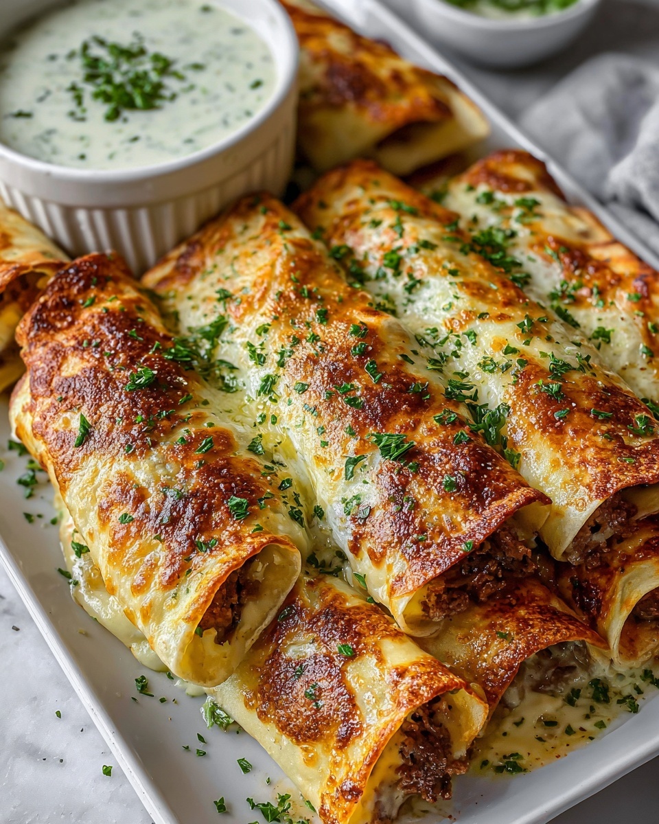 French Dip Tortilla Roll Ups Recipe 6 Long white rectangular serving platter filled with multiple golden-brown baked beef and melted cheese stuffed crepes, each lovingly garnished with fresh chopped parsley and freshly ground black pepper, edges slightly crispy and glossy from butter, arranged in neat rows with a small white bowl of creamy herb sauce on the side, photographed from a 3/4 angle on a white marble countertop with natural lighting, styled like a hero shot from a food magazine, photo taken with an iphone --ar 4:5 --v 7