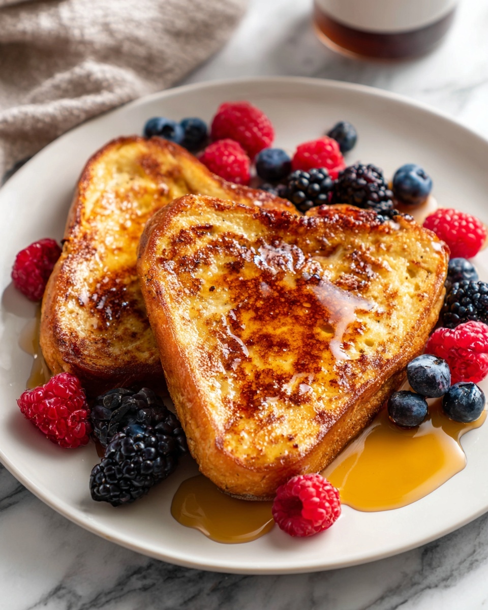 Single white plate presenting a close-up serving of two golden brown slices of French toast, toasted to a perfect crisp on the outside with a soft, airy interior visible along the edges, drizzled generously with rich amber maple syrup that glistens warmly, surrounded by fresh mixed berries including raspberries, blackberries, and blueberries scattered artfully around the toast, placed on a white marble surface with natural morning light highlighting the texture and colors, styled like a cozy, inviting breakfast from a food blog, photo taken with an iphone --ar 4:5 --v 7