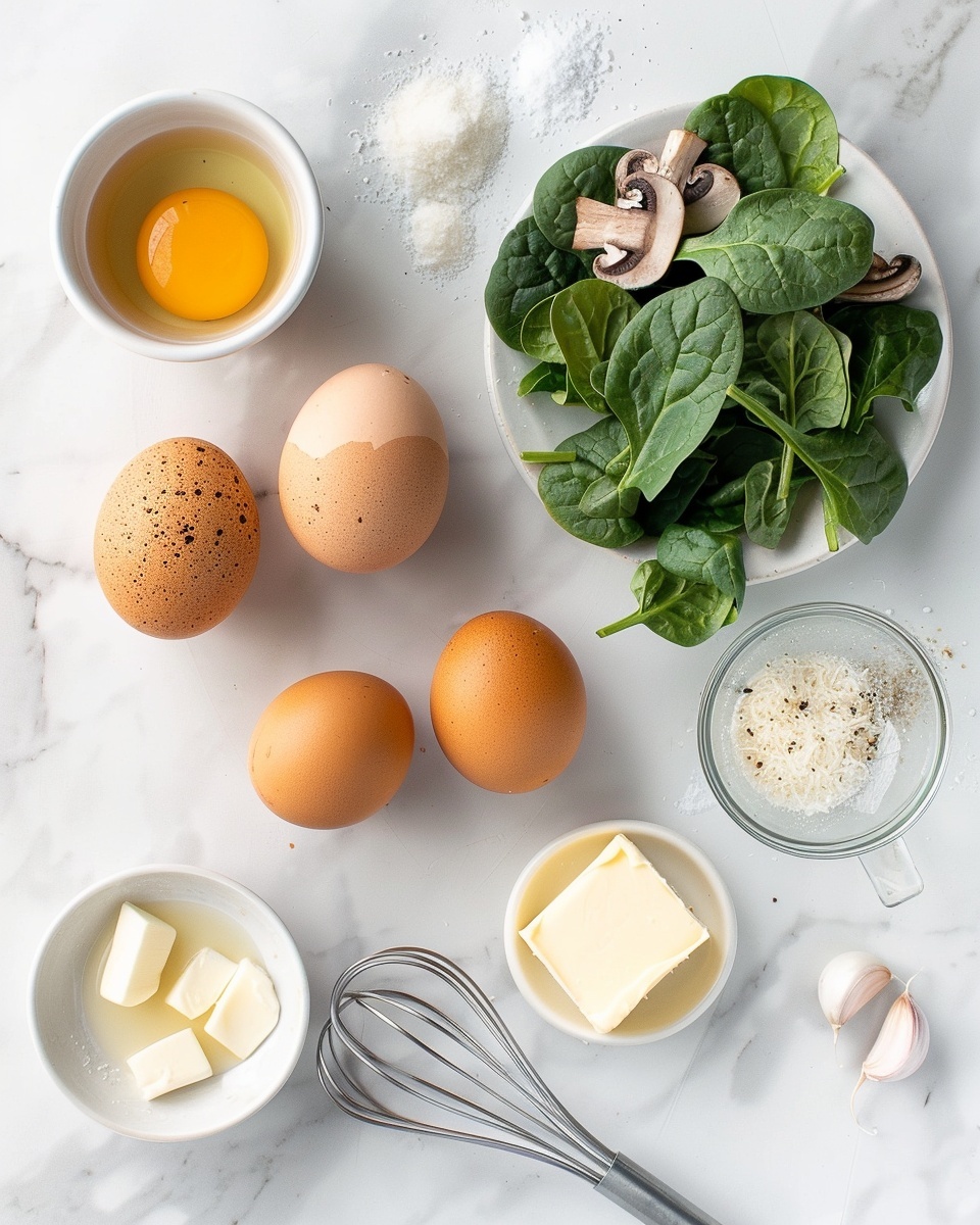 Large white non-stick frying pan filled with a complete serving of fluffy scrambled eggs mixed with sautéed spinach and golden brown sliced mushrooms, seasoned with cracked black pepper, photographed from a 3/4 angle on a white marble countertop under natural light, styled as a professional food magazine hero shot, photo taken with an iphone --ar 4:5 --v 7