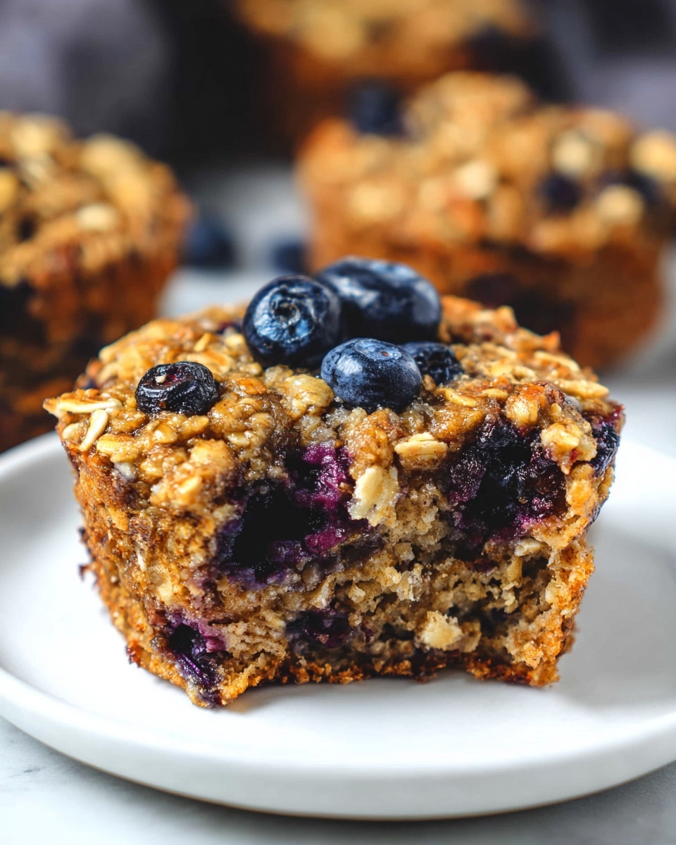 Blueberry Banana Baked Oatmeal Cups Recipe 6 Single white plate featuring one blueberry oat muffin slice showing the moist, dense interior packed with whole blueberries and rolled oats, natural lighting highlighting the golden-baked edges and the textured crumb, close-up angled view revealing the juicy fruit bursting within, placed on white marble surface, styled like a food blog individual serving photo taken with an iphone --ar 4:5 --v 7