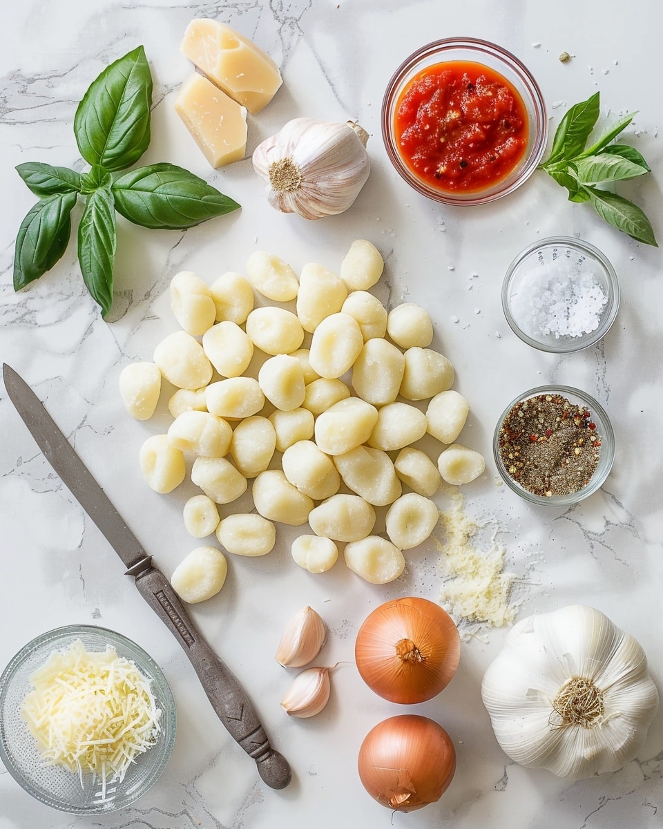 Large white enameled cast iron pan filled with a bubbling, whole baked gnocchi casserole in a rich tomato sauce, generously topped with melted mozzarella and several dollops of creamy ricotta cheese, garnished with fresh vibrant basil leaves, all presented on a white marble surface with natural lighting, professional 3/4 angle hero shot, complete dish in frame, food magazine style photo taken with an iphone --ar 4:5 --v 7