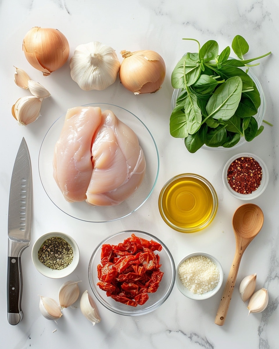 A large white shallow bowl filled with a creamy orzo pasta dish, richly mixed with tender slices of chicken, vivid sun-dried tomato pieces, and fresh green spinach leaves, all coated in a luscious sauce with finely grated Parmesan cheese sprinkled on top, presented as a complete serving without portions removed, photographed from a 3/4 angle on a white marble background with natural lighting, styled as an appetizing hero shot from a food magazine, photo taken with an iphone --ar 4:5 --v 7