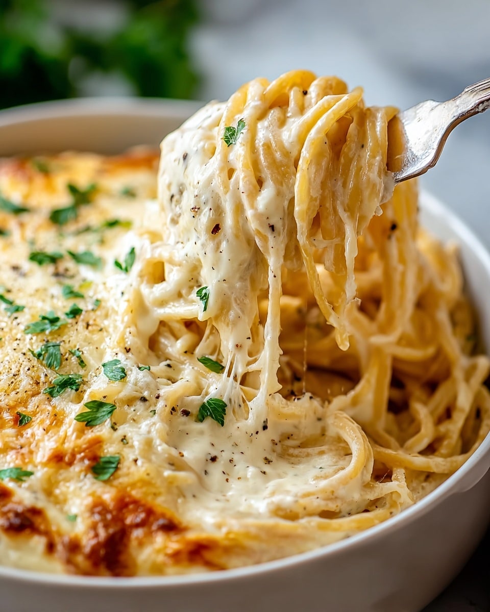 Single white bowl with a close-up portion of creamy baked spaghetti, showcasing tender spaghetti noodles intertwined and covered in melted, slightly browned cheese, glossy bechamel sauce laced with black pepper, and garnished with fresh chopped parsley for a pop of color, a fork lifting a cheesy serving to reveal the rich, smooth interior texture, placed on a white marble surface, natural lighting highlighting the inviting layers and softness, intimate plated serving photo taken with an iphone --ar 4:5 --v 7
