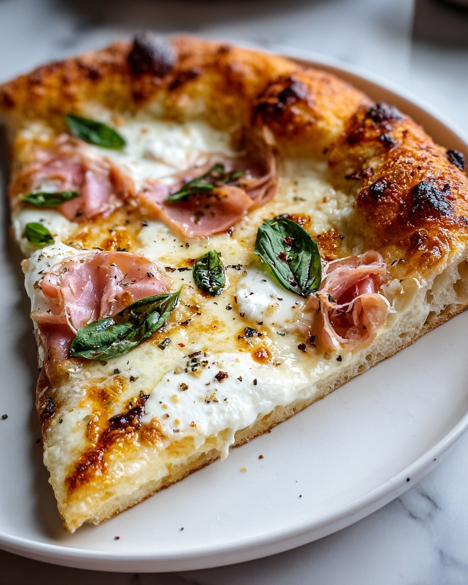 Single white plate showcasing one slice of freshly baked pizza with a golden, slightly charred crust, topped with melted white cheese layers, thin delicate slices of ham, and fresh basil leaves. The slice is angled to reveal the fluffy, airy interior of the crust along with the creamy cheese texture and scattered black pepper specks. The setting features natural lighting on a white marble surface, emphasizing the inviting depth and savory details of the toppings, styled as if ready to be enjoyed in an intimate food blog presentation, photo taken with an iphone --ar 4:5 --v 7