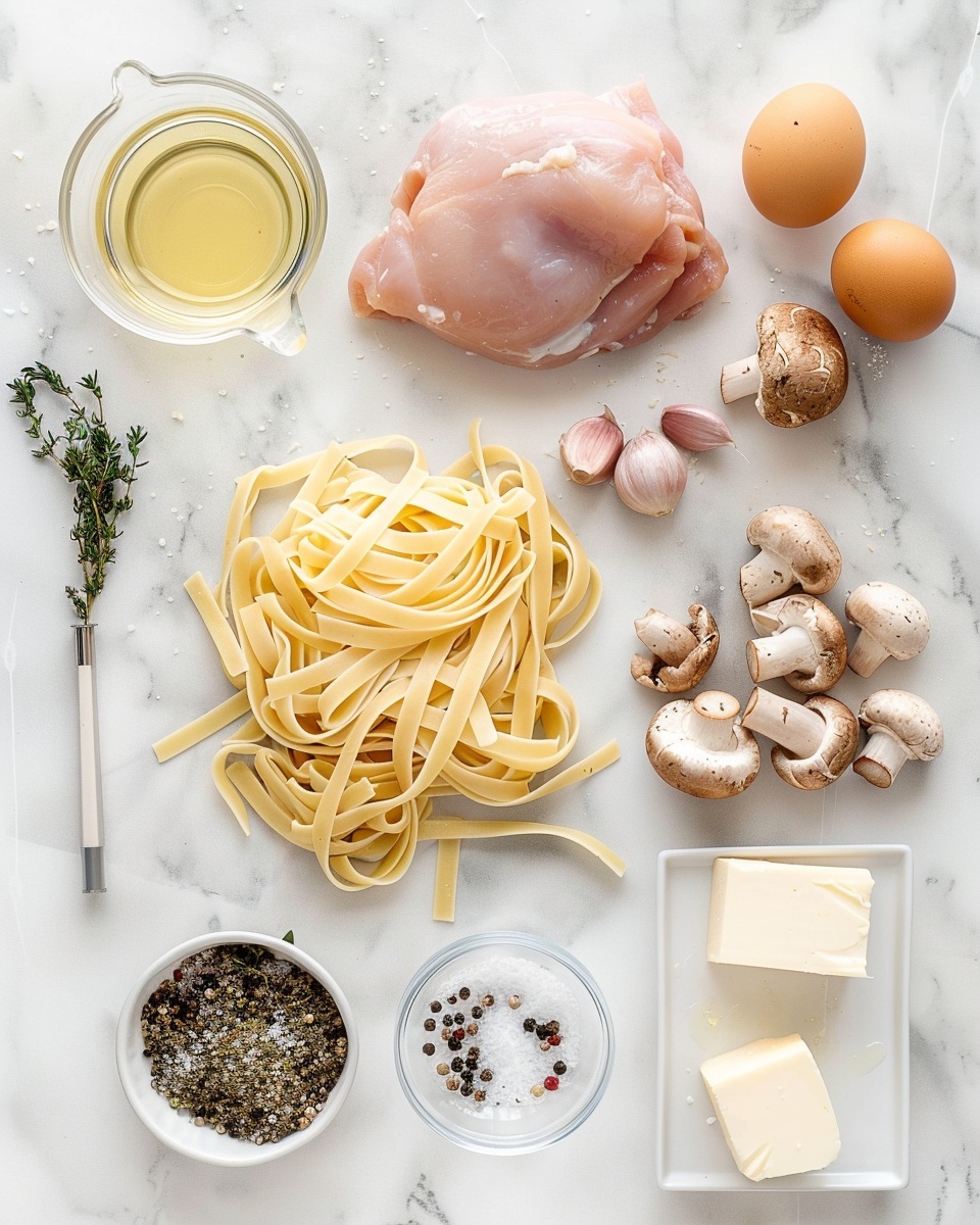Large white serving bowl filled with creamy mushroom and chicken pasta with thick fettuccine noodles generously coated in a rich sauce, tender mushroom slices and chunks of chicken evenly distributed throughout, sprinkled with finely chopped fresh parsley and grated Parmesan cheese, whole dish presented from a 3/4 angle on a white marble background with natural lighting, styled like a hero photo from a food magazine, professional food photography photo taken with an iphone --ar 4:5 --v 7