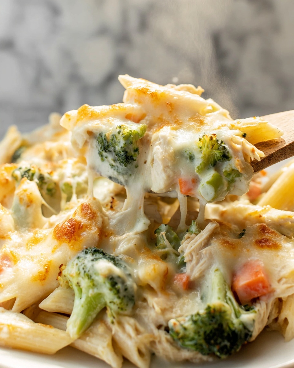 A single white plate holding a plated serving of creamy chicken broccoli casserole featuring tender shredded chicken, bright green broccoli florets, diced carrots, and al dente penne pasta enveloped in a rich, cheesy white sauce, close-up angled shot showcasing the layered textures of melted cheese and vegetables with a slight golden brown topping, steam rising gently from the warm portion, set on a white marble surface with natural lighting, styled like a cozy food blog presentation, photo taken with an iphone --ar 4:5 --v 7