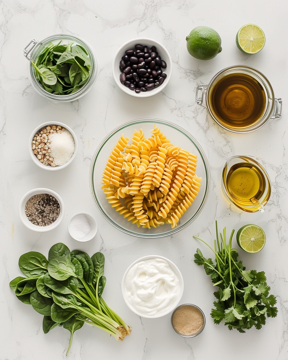 Large white oval serving dish filled with creamy rotini pasta salad mixed with black beans, sweet corn kernels, and fresh chopped cilantro, the pasta glistening with a smooth dressing that coats every piece, vibrant green herbs scattered throughout, shot from a 3/4 angle showcasing the entire dish on a white marble countertop with natural lighting, styled like a hero food magazine photo, photo taken with an iphone --ar 4:5 --v 7
