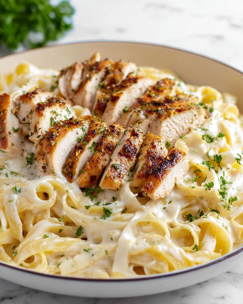 Single white plate featuring one serving of creamy fettuccine Alfredo topped with several tender, sliced grilled chicken pieces seasoned with herbs, close-up angled view emphasizing the rich, smooth sauce coating the pasta strands and the juicy texture of the chicken, sprinkled with fresh chopped parsley for color contrast, placed on white marble surface with natural lighting in a food blog style presentation, intimate plated serving photo taken with an iphone --ar 4:5 --v 7