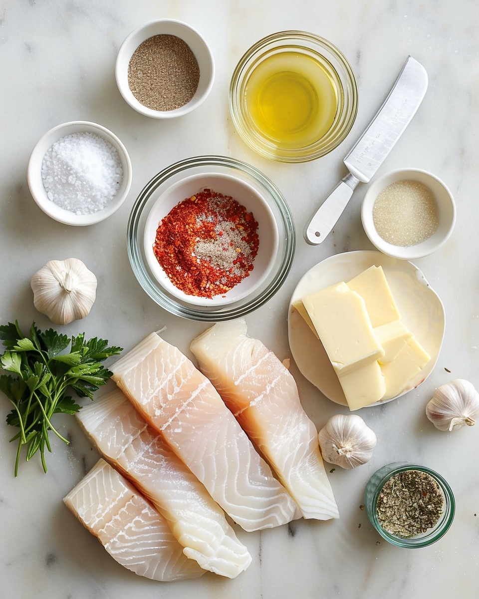 Rectangular white baking dish filled with four entire portions of baked white fish fillets, seasoned with herbs, cracked black pepper, and scattered bits of minced garlic and red pepper flakes, immersed in a golden buttery sauce with lemon halves nestled around the fillets, garnished generously with bright fresh chopped parsley, photographed from a 3/4 angle on a white marble countertop with natural lighting, styled for a premium food magazine hero shot, photo taken with an iphone --ar 4:5 --v 7
