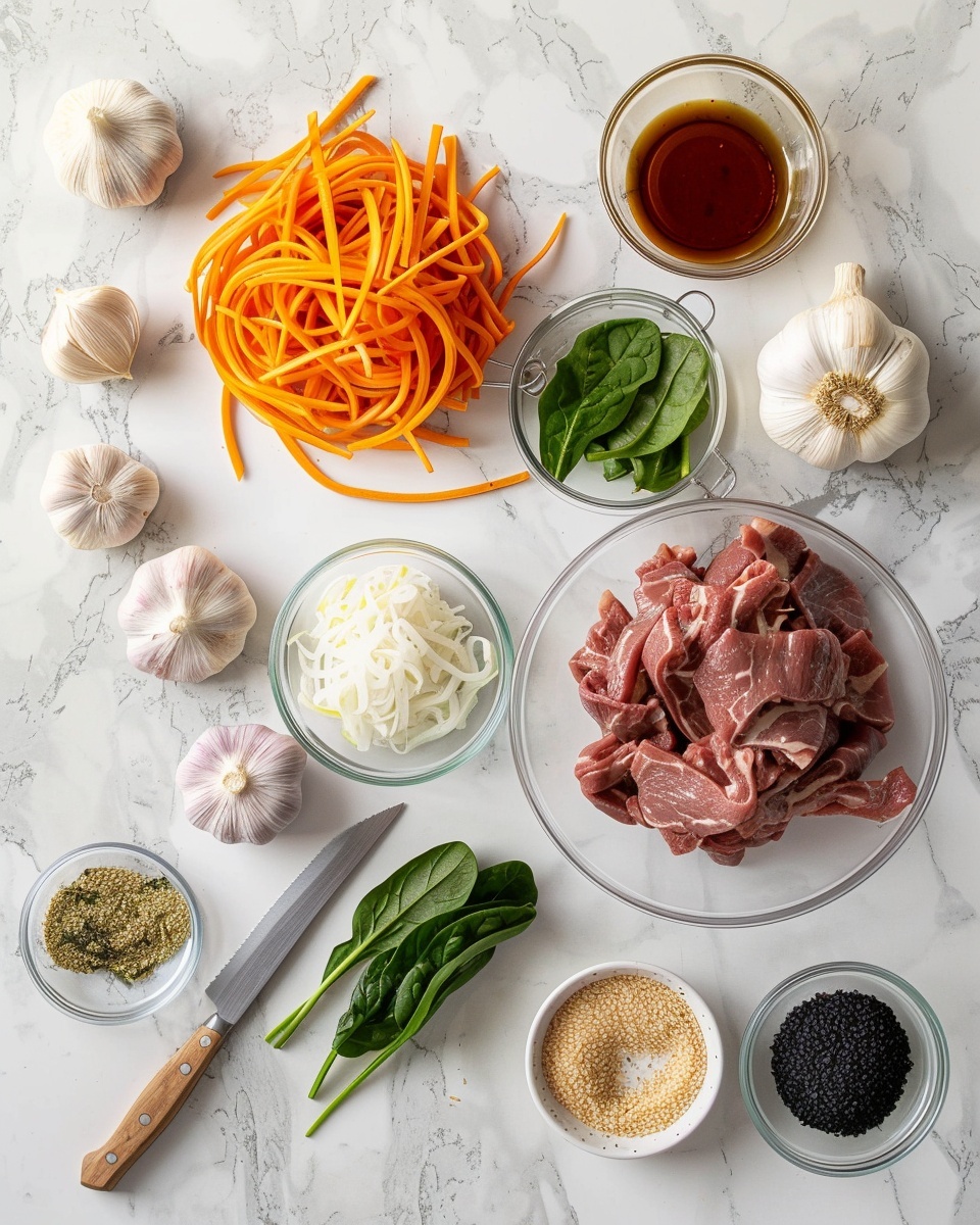 Large black cast iron pan filled with a generous serving of Korean japchae noodles, showcasing glossy translucent sweet potato noodles mixed with tender marinated beef, julienned carrots, sautéed spinach, and green onions, sprinkled with white sesame seeds for texture and flavor, accompanied by a small bowl of red chili dipping sauce on the side, photographed in a professional food styling setup from a 3/4 angle on a white marble countertop with natural lighting, whole dish in full frame, photo taken with an iphone --ar 4:5 --v 7
