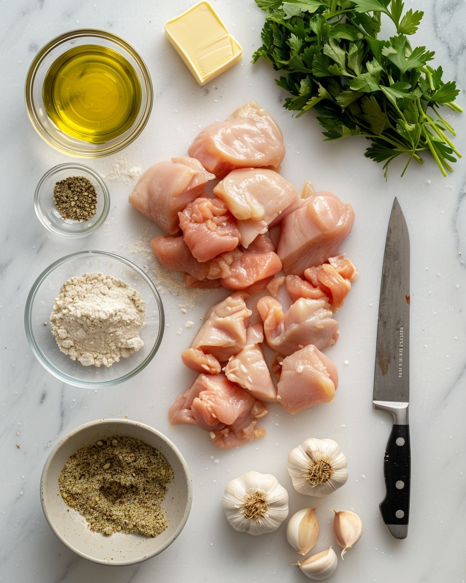 Large white skillet filled with a generous amount of golden-brown, herb-seasoned sautéed chicken pieces, each piece perfectly seared and glistening with a light garlic and herb glaze, scattered with fresh chopped parsley for a vibrant finish, the entire dish displayed in a black skillet, photographed from a slightly angled close-up on a white marble countertop under natural lighting, professional food styling photo taken with an iphone --ar 4:5 --v 7