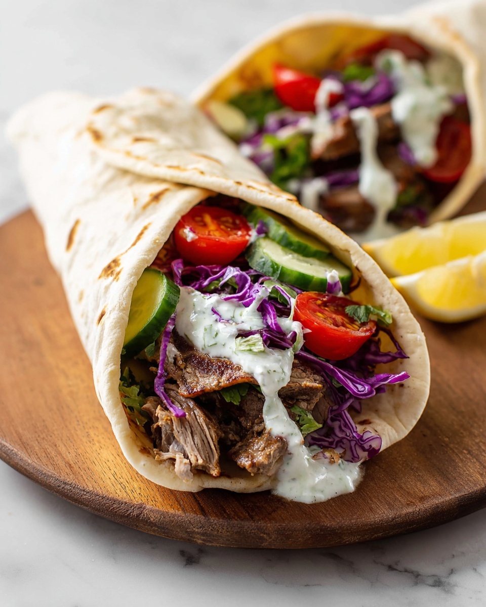 Homemade Doner Kebab (Viral) Recipe 6 Single white plate holding one neatly folded gyro wrap filled with thinly sliced seasoned meat, fresh cucumber slices, halved cherry tomatoes, shredded purple cabbage, and a drizzle of creamy white tzatziki sauce, close-up side angle emphasizing the textures and colors of the fillings peeking out from the warm, soft flatbread, set on a white marble surface with natural lighting, styled as an inviting single serving from a food blog, photo taken with an iphone --ar 4:5 --v 7