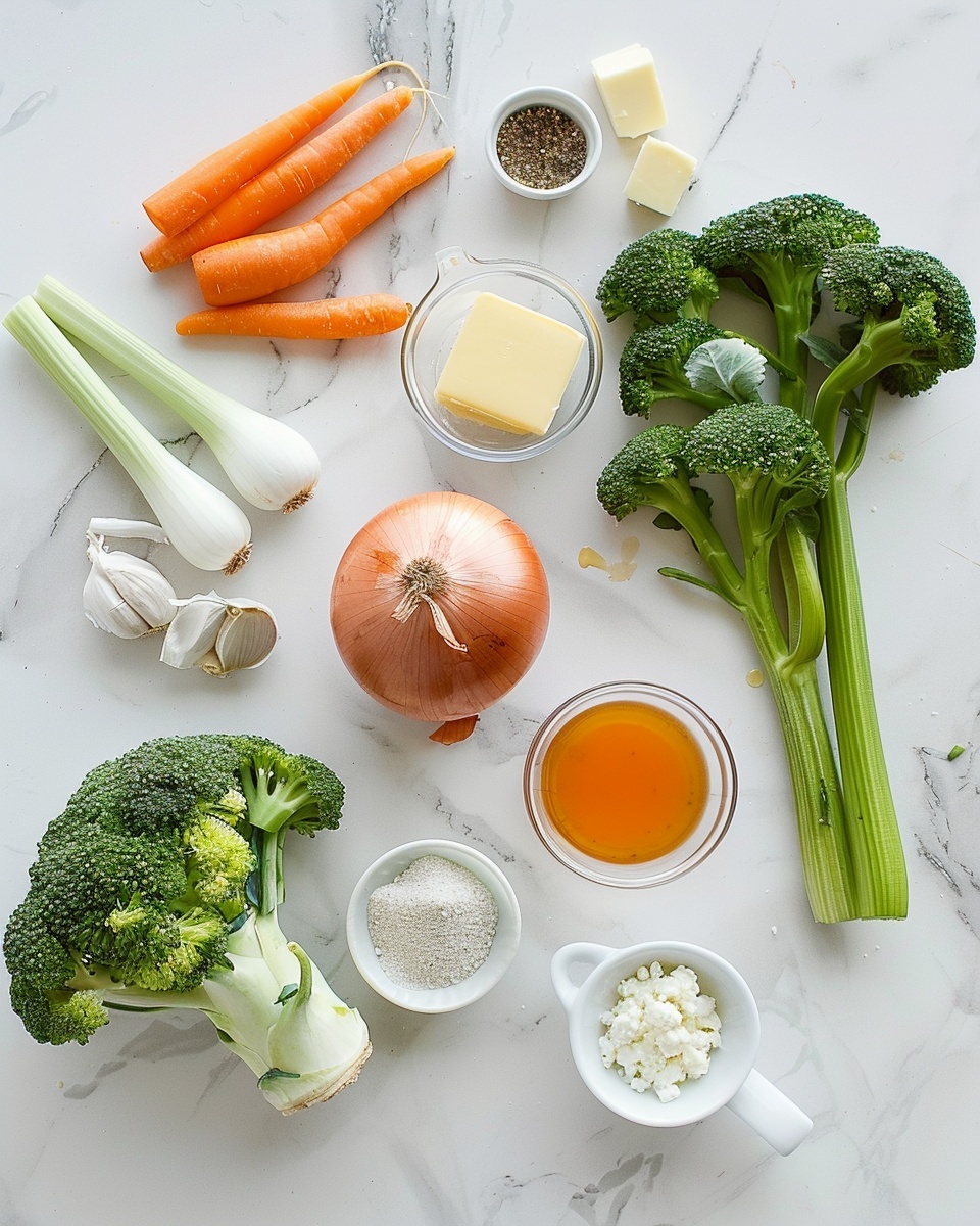 Large white enameled cast iron pot filled with creamy broccoli cheese soup, richly studded with vibrant green broccoli florets, finely diced carrots, and creamy melted cheese swirls, the soup thick and inviting, photographed from a 3/4 angle on a white marble countertop with natural lighting, styled for a professional food magazine hero shot, whole dish in frame photo taken with an iphone --ar 4:5 --v 7
