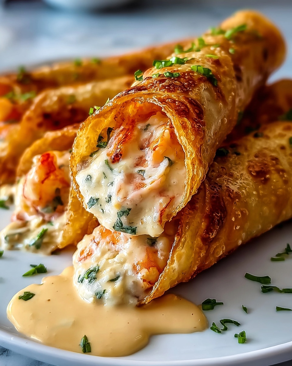 Single white plate presenting one crisp golden taquito filled with creamy seafood and cheese filling, cut to reveal the tender shrimp and melted cheese inside with fresh herb flecks, a small drizzle of rich cheese sauce pooling around it, photographed close-up with angled shot to highlight the flaky exterior and soft, flavorful interior textures, placed on a white marble surface under natural lighting, styled like a food blog serving ready to eat, photo taken with an iphone --ar 4:5 --v 7