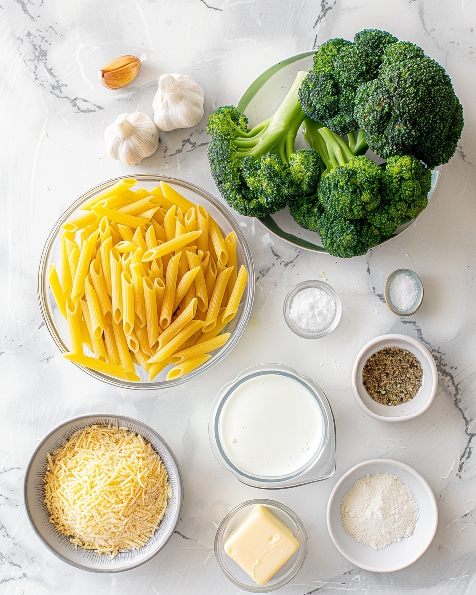 Large white ceramic serving bowl filled with creamy penne pasta and vibrant green broccoli florets, generously coated in rich melted cheese sauce, topped with finely grated Parmesan, presented as a whole dish, photographed from a professional 3/4 angle on a white marble countertop under natural lighting, styled for a gourmet food magazine hero shot, photo taken with an iphone --ar 4:5 --v 7