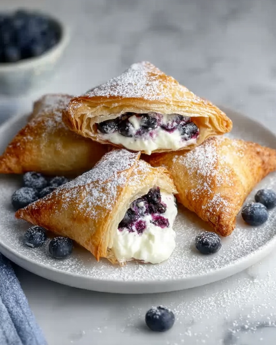 Single white plate with one triangular pastry pocket opened to reveal a creamy white cheese filling mixed with whole blueberries, showcasing the soft, fluffy interior and lightly golden, flaky crust dusted with powdered sugar, placed elegantly on a white marble surface, natural light highlighting the textures and slight shine on the crust, styled as a ready-to-eat individual serving, photo taken with an iphone --ar 4:5 --v 7